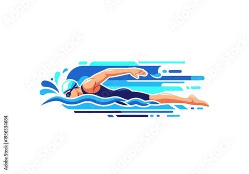 Dynamic illustration of a swimmer in a blue swimsuit and goggles performing freestyle in water with motion lines.