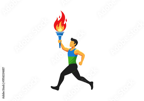 Athlete man running with a flaming torch in a flat design illustration