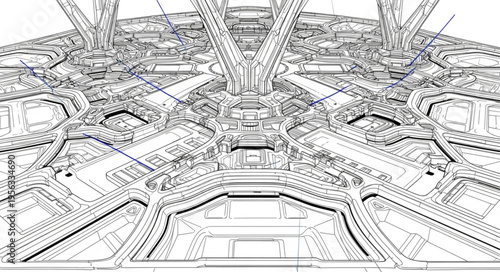 Detailed Line Art of a Complex Industrial Interior Structure.