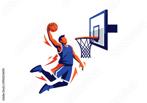 Dynamic male basketball player jumping to dunk a basketball into a hoop