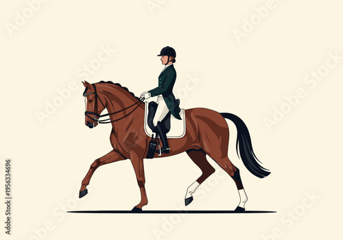 Equestrian rider on a brown horse in dressage attire performing a collected gait