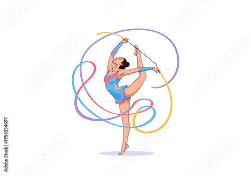 Female rhythmic gymnast performing a flexible pose with a colorful ribbon