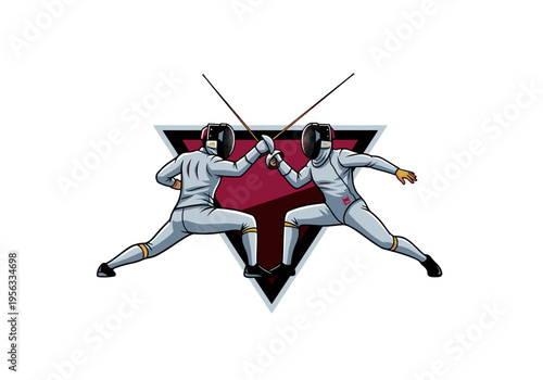 Two fencers in full gear engaged in a dynamic match against a stylized background