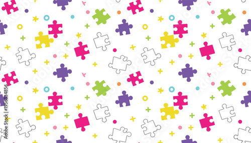 Seamless flat vector pattern featuring colorful jigsaw puzzle pieces with stars and geometric shapes for playful backgrounds.