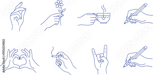 Surreal Line Art Vector Set Featuring Characters With Coffee Cup Heads On Roller Skates And Women Carrying Large Teacup And Cloud.