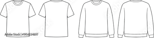 Vector illustration of basic garment designs showing front and back views of t-shirt and sweatshirt apparel