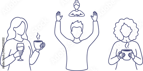 Vector illustration of faceless people in minimalist line art holding drinks and engaging in expressive social activities