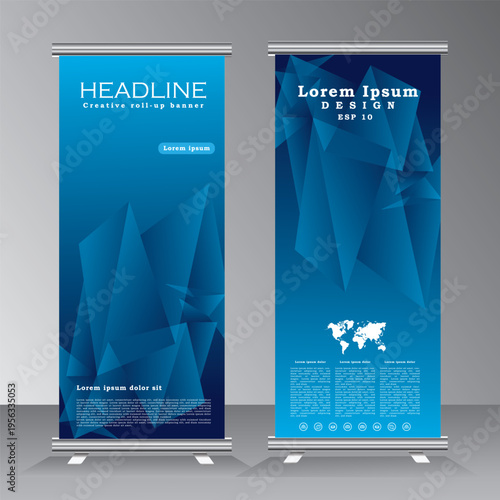 roll up banner design and vector template. blue color banner design, standee banner design, vertical banner, x-banner, standee template. pull up, Brochure, Flyer. abstarct vector illustration