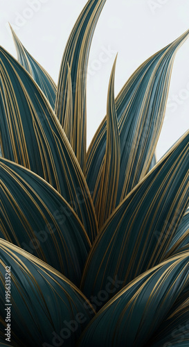 Close-up of teal foliage with gold stripes, showing pattern. Represents growth and elegance, suitable for decoration, modern design concepts
