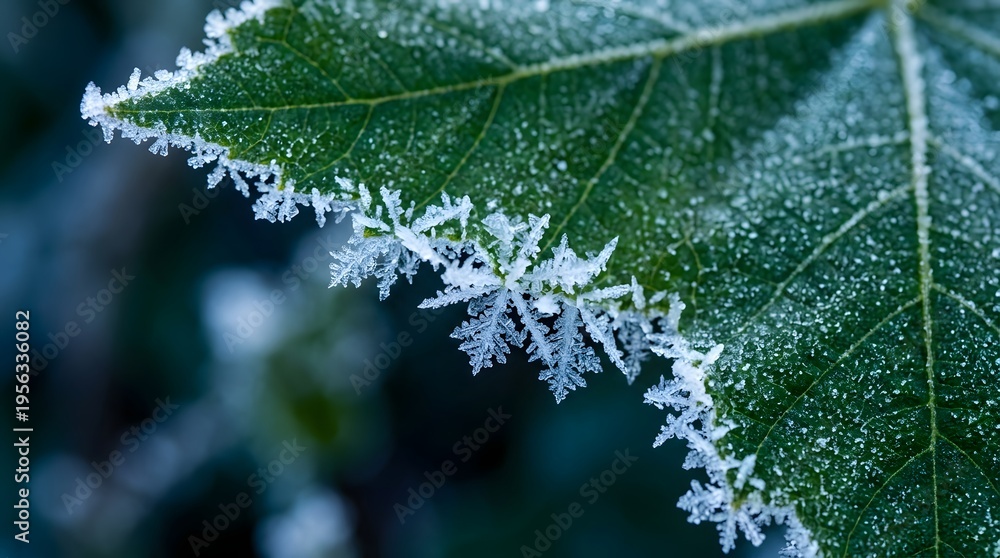 Obraz premium A close-up of a frosty green leaf with intricate ice crystals on its edge