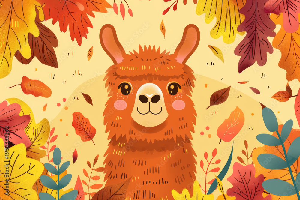 Fototapeta premium Friendly Forest Creature, Vivid Image Of Happy Alpaca Surrounded By Scattered Leaves And Warm Forest Glow