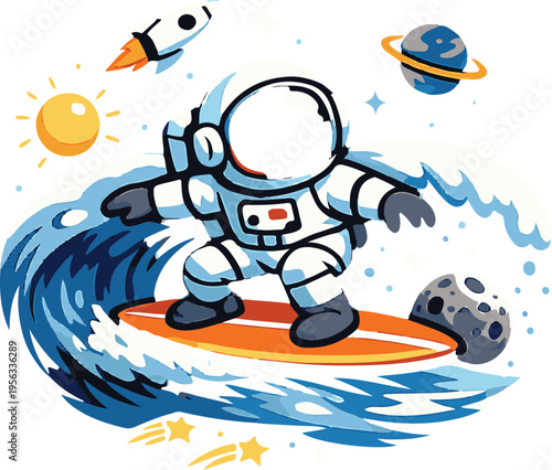 Whimsical cartoon illustration of an astronaut surfing on a blue wave in space, surrounded by planets, a rocket, and stars.