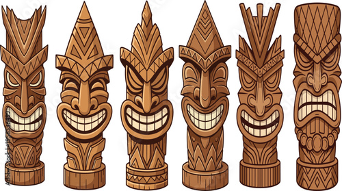 Cartoon tiki totem wooden carvings with expressive faces, geometric decorative patterns, exaggerated teeth, Polynesian inspired tribal illustration for cultural, festive, mascot, and design themes