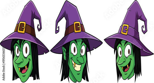Cartoon witch heads with green skin, purple hats, black hair, exaggerated facial features, Halloween character illustration for spooky, fantasy, mascot, and festive design