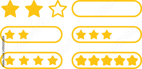 Star rating icon, yellow stars rating from one to five levels, customer feedback review system, satisfaction score indicator, flat vector illustration, simple UI design element.