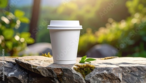 White Coffee Cup on Stone with Greenery Background.