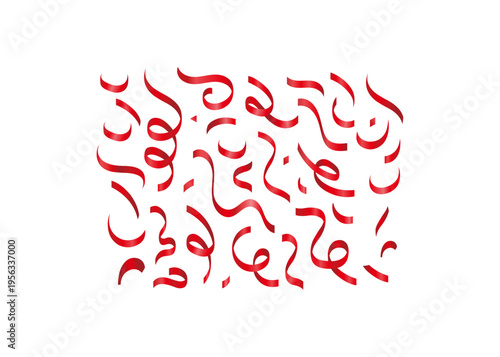 Group of red confetti streamers and curly ribbons, scattered across a white background. festive, energetic graphic elements for parties, celebrations, and dynamic design compositions