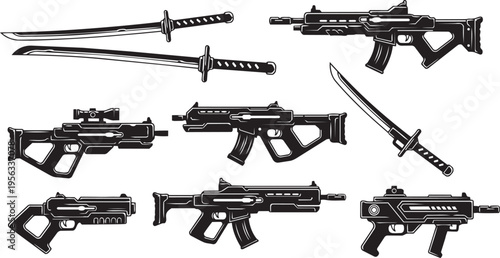 Cyberpunk Energy Katana and Pulse Rifle Weapons