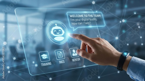 Digital employee onboarding buddy system with a new hire's hand being greeted by a virtual buddy avatar offering help and resources.