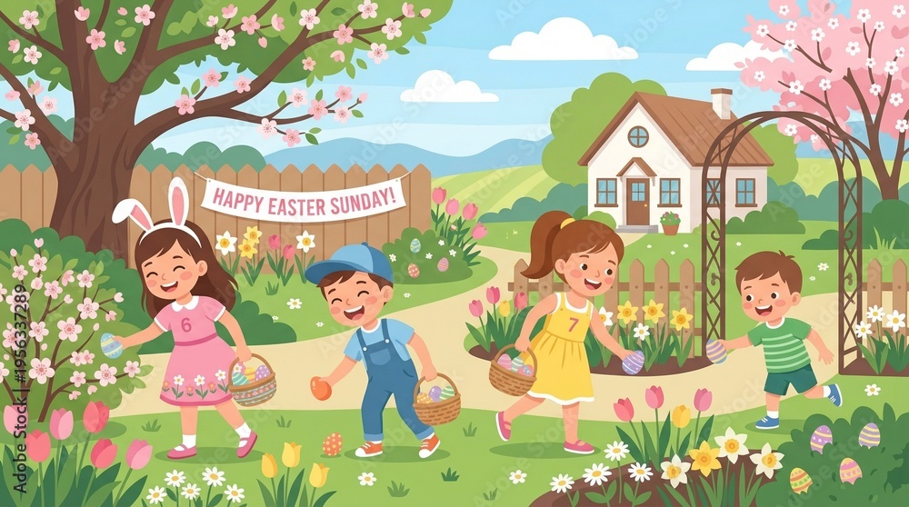 Fototapeta premium Illustration of four children in a colorful spring garden with flowers, trees, and a house, celebrating Easter with baskets and bunny ears.