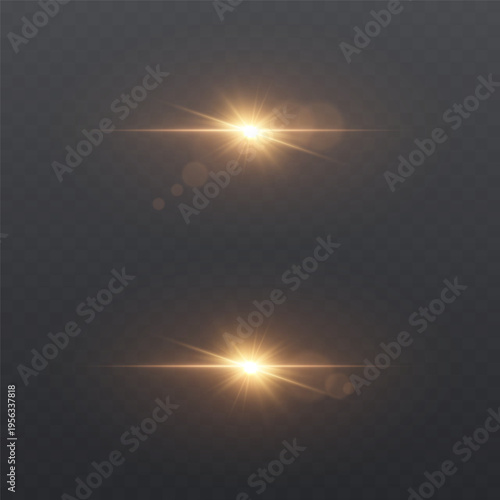 Golden light flashes with star effect and horizontal rays on transparent background.