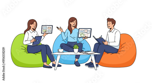 Happy Team Brainstorming on Bean Bags