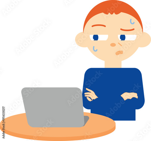 senior man thinking while using computer illustration
