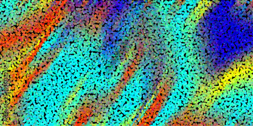 Energetic abstract background with diagonal bands of vibrant color in a pointillist style featuring cyan red yellow and blue dots