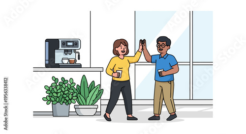 Successful Teammates High Fiving at Coffee Station