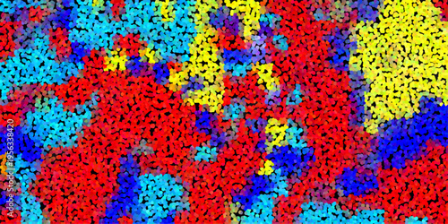Vibrant abstract pointillism background with red blue yellow and cyan dots creating a dynamic and energetic mosaic pattern for graphic design and digital art