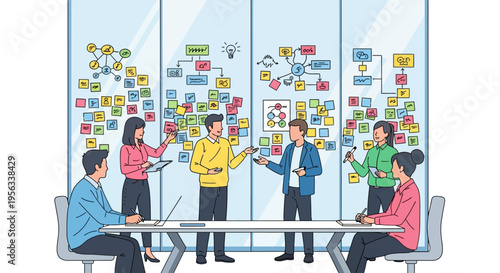 Team Brainstorming Ideas on Glass Wall