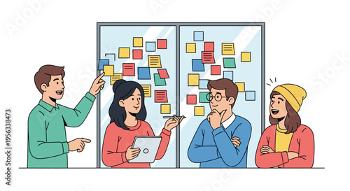 Team Discussing Project Goals Using Sticky Notes