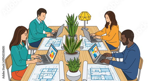 Architects Collaborating on Plans at Communal Table