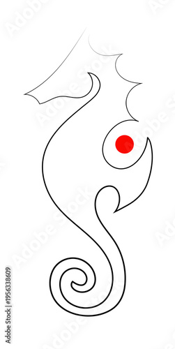 Seahorse minimalist line art drawing with red dot