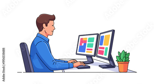 Focused Professional Using Dual Monitor Desk