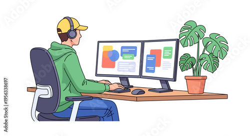 Focused Professional Working at Dual Monitor Desk