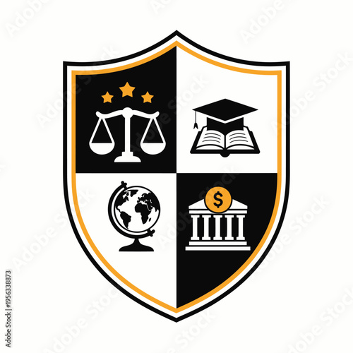 Shield icon with law education and finance symbols