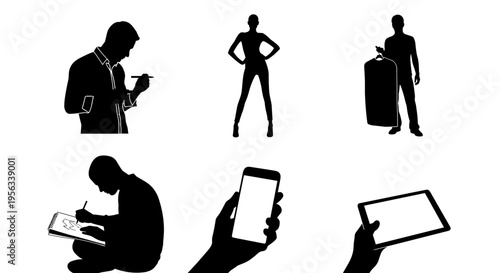 Silhouettes of people using smartphones and tablets in various poses and settings