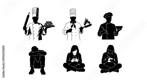 Silhouettes of people in various occupations and relaxation poses on white background