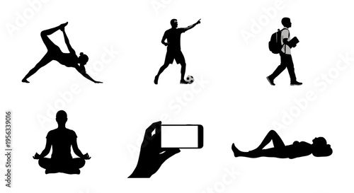 Black silhouettes of people exercising and relaxing in various fitness and leisure activities on white background