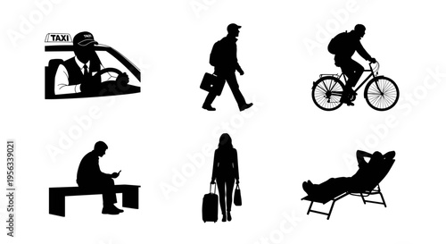 People engaging in various leisure and daily activities in silhouette