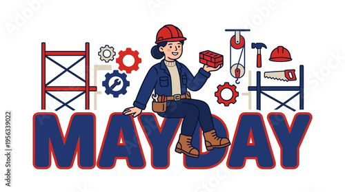 May Day celebration theme illustration featuring worker with tools and construction elements showing labor and craftsmanship in