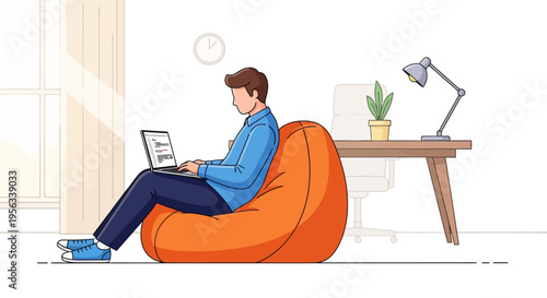 Worker Using Laptop on Orange Beanbag Chair