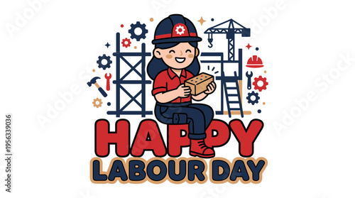 Celebrating Labour Day with a cheerful construction worker cartoon mascot amidst building tools and cranes emphasizing workers'