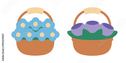 Cartoon baskets of flowers and eggs