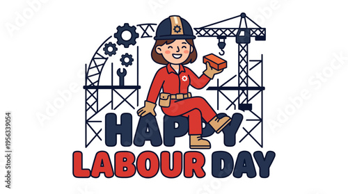 Celebrating Labour Day with a cheerful animated construction worker character amidst building tools and cranes emphasizing