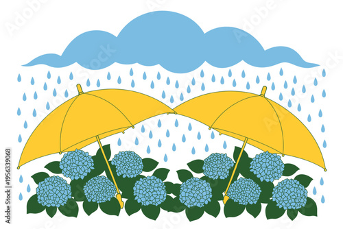 Yellow umbrellas over blue flowers and raindrops  hydrangeas