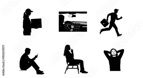 People in various stressed and anxious poses and activities in black silhouettes on white background