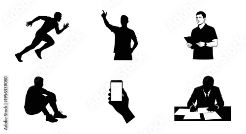 Silhouettes of people in various daily activities and professions on white background