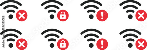 Wi-Fi problem icon set, disconnected wireless network symbol, no internet signal warning, lost connection alert, network outage indicator, minimal flat vector graphic, connectivity issue sign.